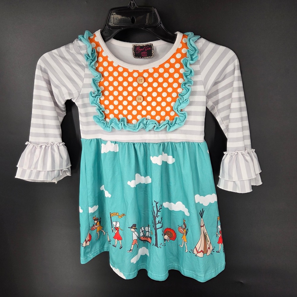 Royal Gem Girls Thanksgiving Dress Teal Orange Polka Dot Ruffle Size 110 4T 5T